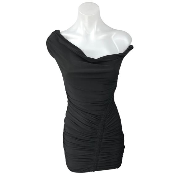 Club L Coco Black Off The Shoulder Asymmetric Bardot Ruched Mini Bodycon Dress 2 - Picture 1 of 5